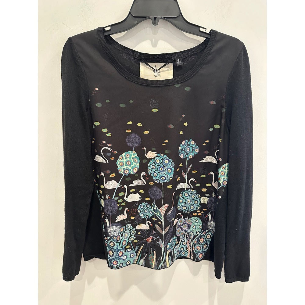 Anthropologie Knitted & Knotted Michelle Morin Swan Print Mixed Media Sweater M